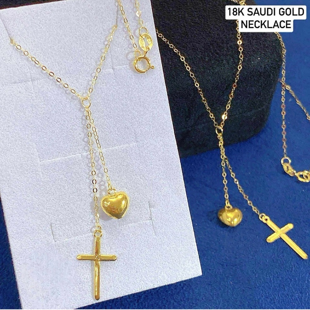 18k real saudi yellow gold  LIGHT WEIGHT CROSS & HEART Necklace 18”
